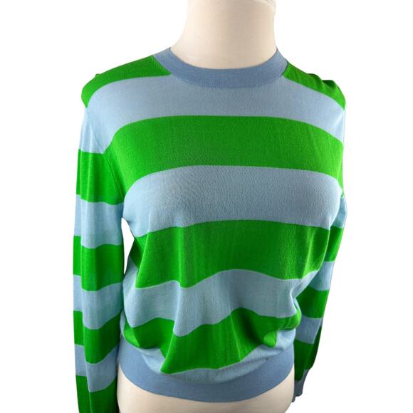Diane Von Furstenberg Blue & Green Striped Top LS Mesh Sheer Stretch Medium - Picture 3 of 13